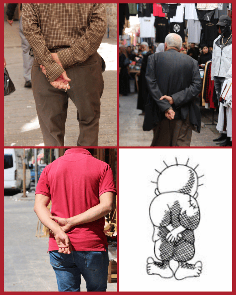 A collage of four images, three of which are of people from behind, showing their stance holding their hands behind their back, the forth image is of the cartoon Handala with the same stance, a symbol of Palestinian resistance