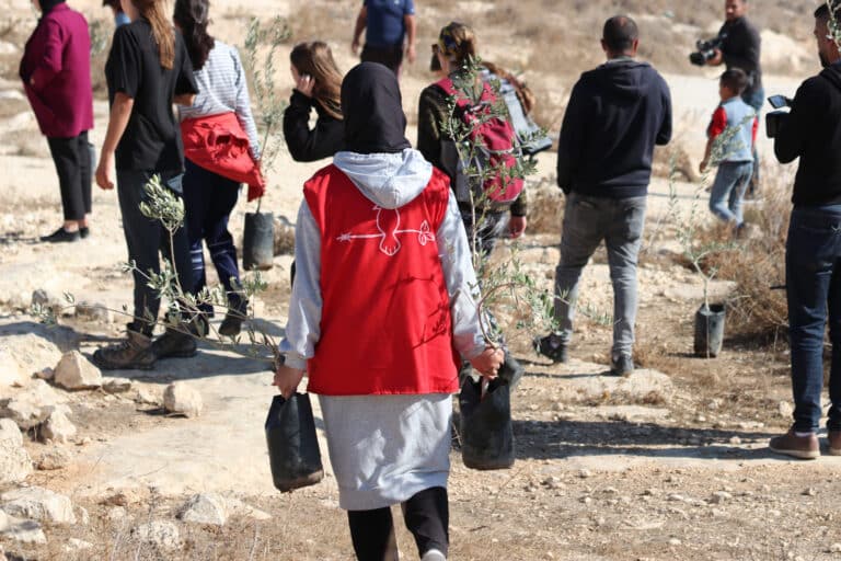 A woman in a red jacket carries olive tree saplings