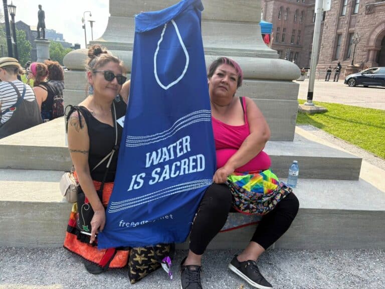 Women from Grassy Narrows protesting Bill 5 outside the Ontario legislature
