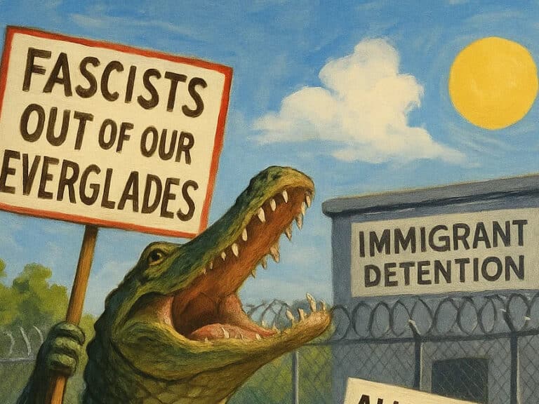 A drawing of an alligator protesting immigration detention
