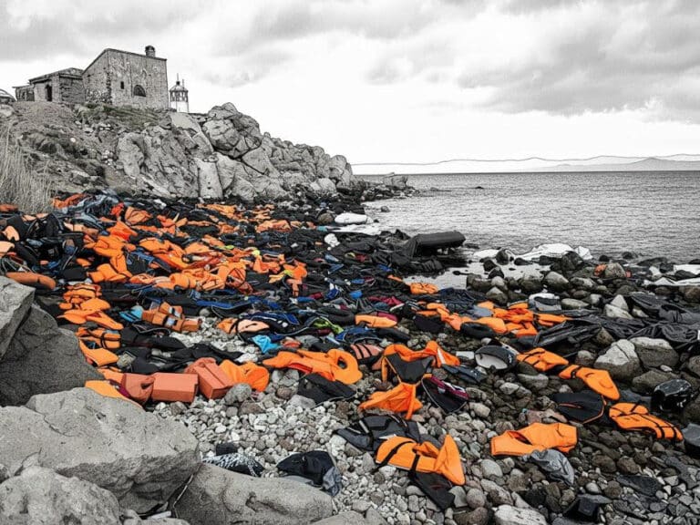 Lifejackets piled up on a coastline