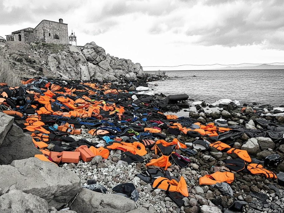 Lifejackets piled up on a coastline