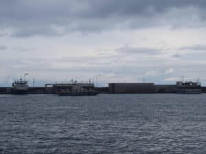 A Coast Guard ship in the distance