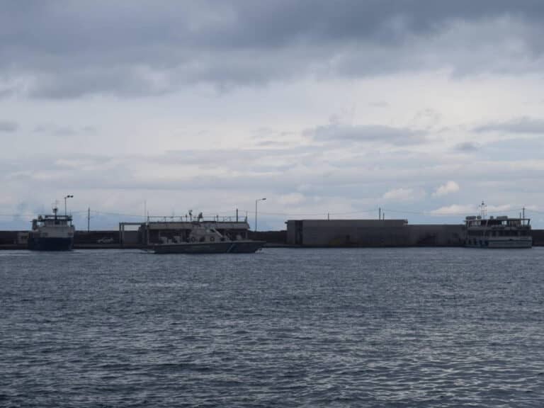 A Coast Guard ship in the distance