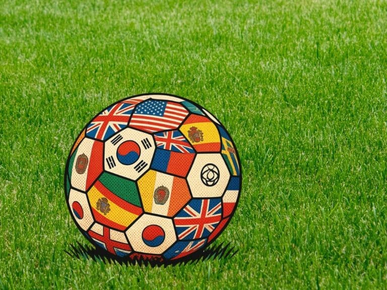 A cartoon football covered in flags from around the world
