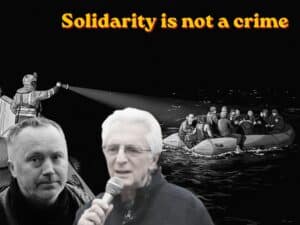 A collage of defendants at a trial. Text reads: Solidarity is not a crime