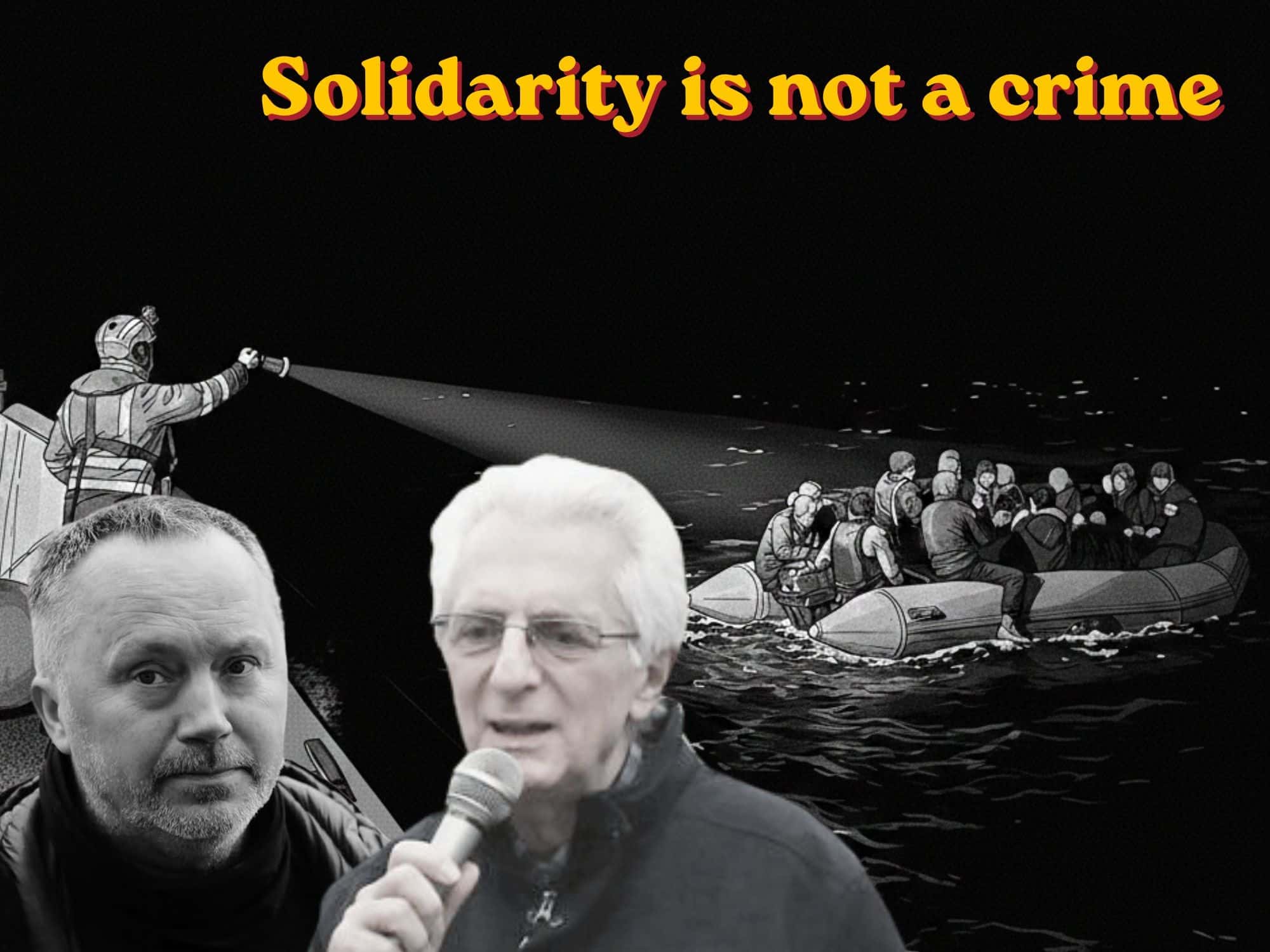 A collage of defendants at a trial. Text reads: Solidarity is not a crime
