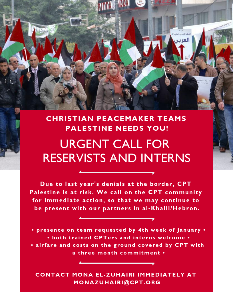 Christian Peacemaker Teams Palestine needs you! Urgent call for reservists and interns. Due to last year's denials at the border, CPT Palestine is at risk. We call on the CPT community for immediate action, so that we may continue to be present with our partners in al-Khalil/Hebron. Presence on team requested by fourth week of January. Both trained CPTers and interns welcome. Airfare and costs on the ground covered by CPT with a three month commitment. Contact Mona el-Zuhairi immediately at monazuhairi@cpt.org