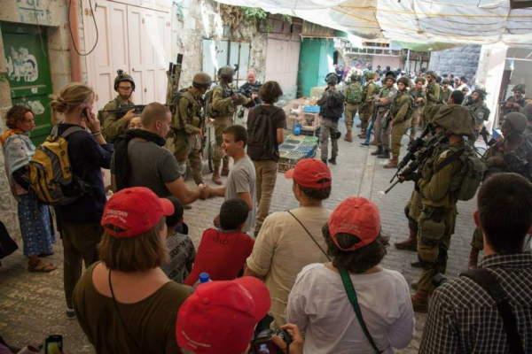 A Palestine delegation observes interactions between Palestinian civilians and Israeli soldiers.